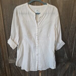 Sigrid Olsen Shirt Women's Size Medium White 100% Linen Tunic Pockets Button Up
